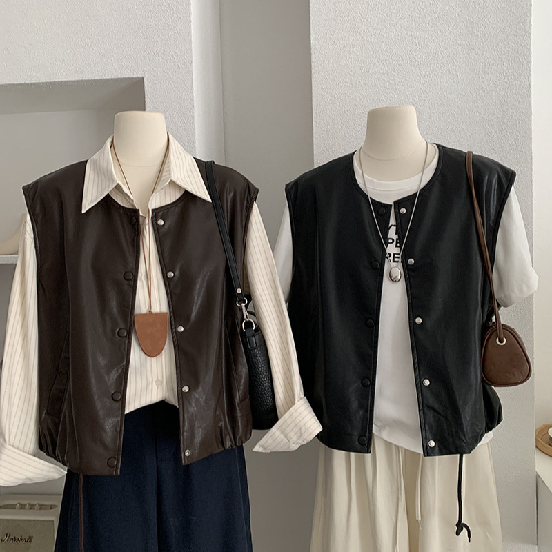 Omalai Retro Pu Leather Vest Sleeveless Jacket Autum New Loose Layered Vest Vest Top 4587