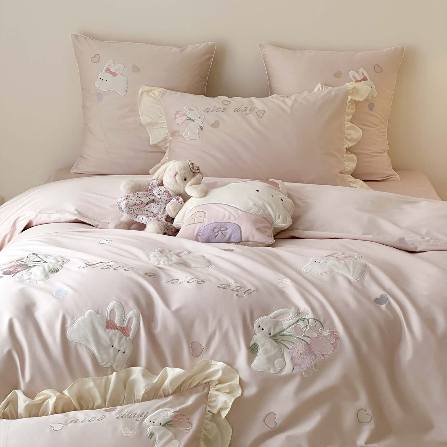 Soft Cute Rabbit 100S Xinjiang Long Staple Cotton Embroidered Four-Piece Princess Lace Pure Cotton Quilt Cover High-End Bedding