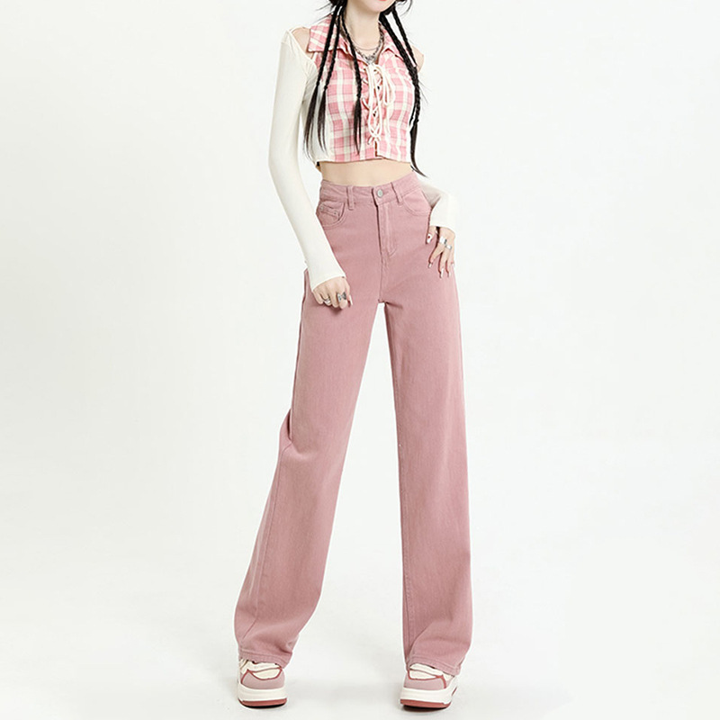Pink Jeans for Women, Spring and Autumn 2026 New Style, High-Waisted, Slimming, Loose Straight-Leg, Drapey, Floor-Length, Narrow Wide-Leg Pants