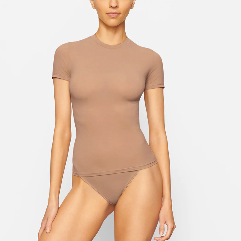 Kardashian Sweet and Spicy Double-layer Four-sided Stretch Slim-fit Slim-fit All-match Round Neck Tight Short-sleeved T-shirt Base Top for Women Kardashian Sweet and Spicy Double-layer Four-sided Stretch Slim-fit Slim-fit All-match Round Neck Tight Short-sleeved T-shirt Base Top for Women