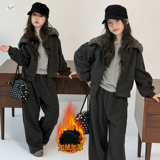 女童秋冬新款韩版加绒翻领拉链卫衣卫裤套装中大童加厚外套阔腿裤