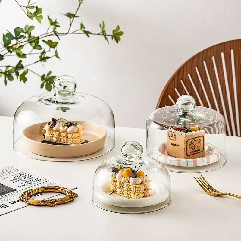 glass cover fruit plate transparent dish cover cake lid cover display round food dustproof microwave oven suitable