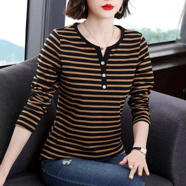Fall 2023 Korean style slim-fit slimming striped long-sleeved T-shirt women's top mom middle-aged and elderly T-shirt bottoming shirt