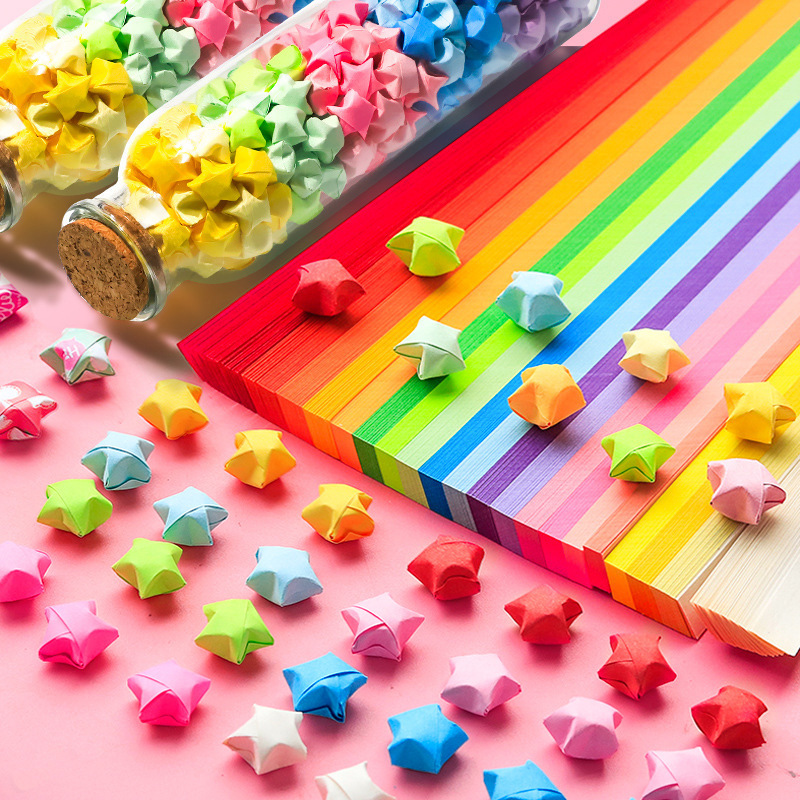 Colored star origami strips, gradient lucky star, five-pointed star paper, special paper for folding stars.