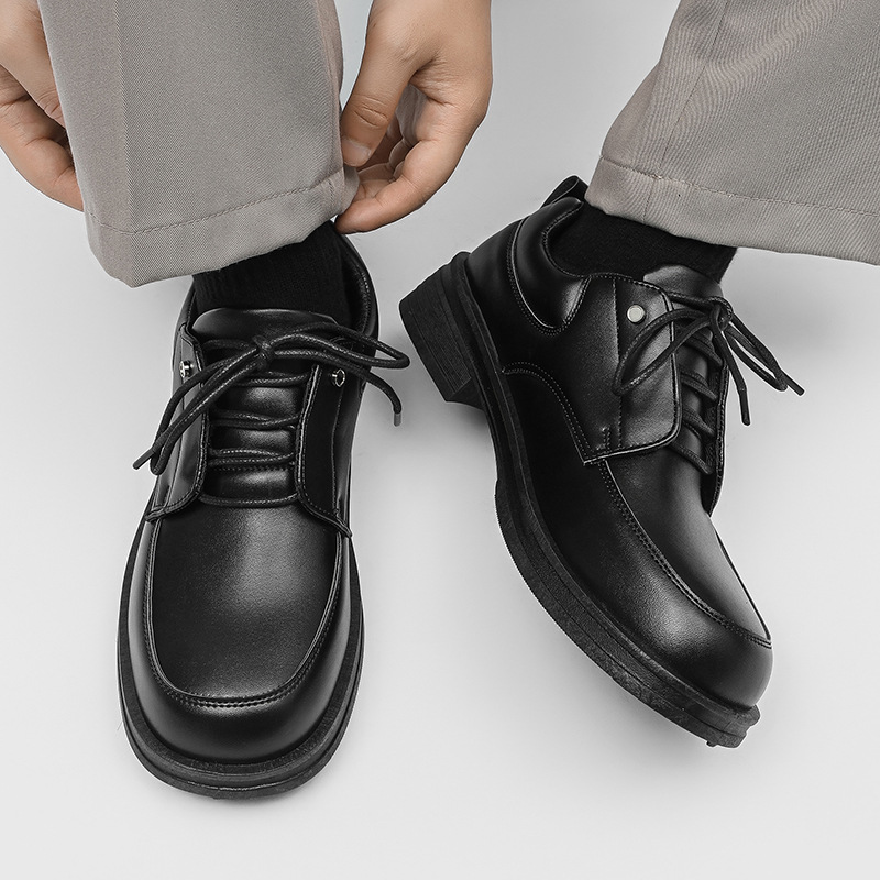 Derby ShoeVault à bout carré pour homme, semelle épaisse rehaussante, style britannique noir, idéal pour le travail, les loisirs, les jeunes, le style rétro ou les déplacements quotidiens._voghion.com