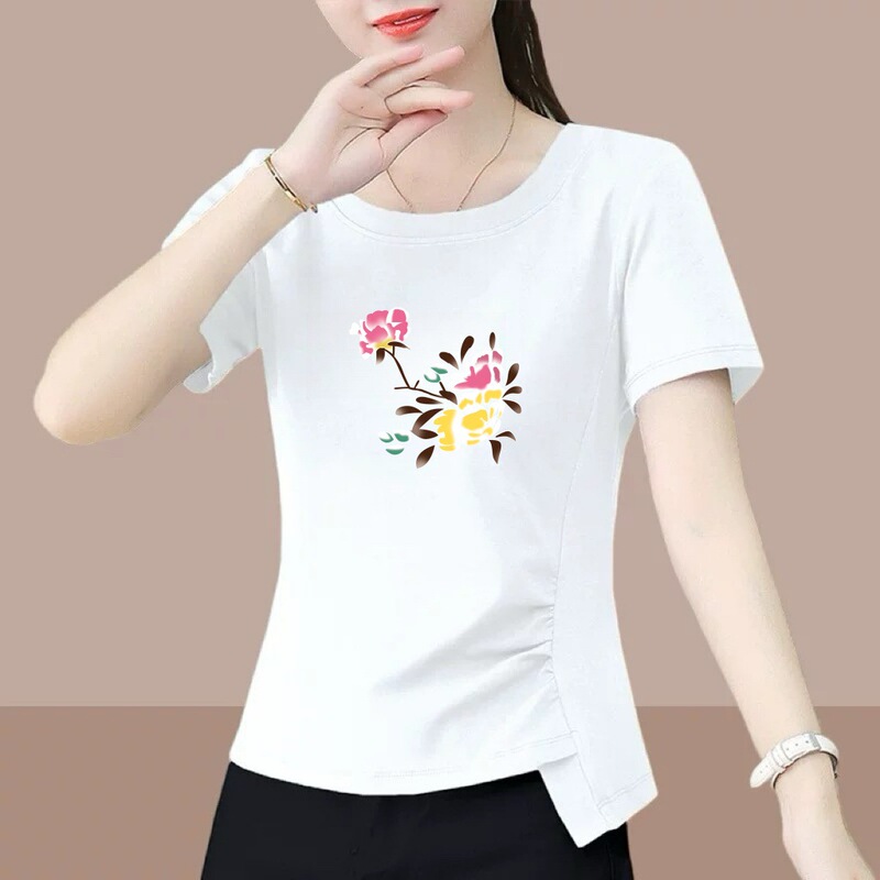 2025 New Export Mother's Wear Short-Sleeved T-Shirt Women's Loose Large Size Slimming Look Belly-Covering Printed Half-Sleeved T-Shirt Top