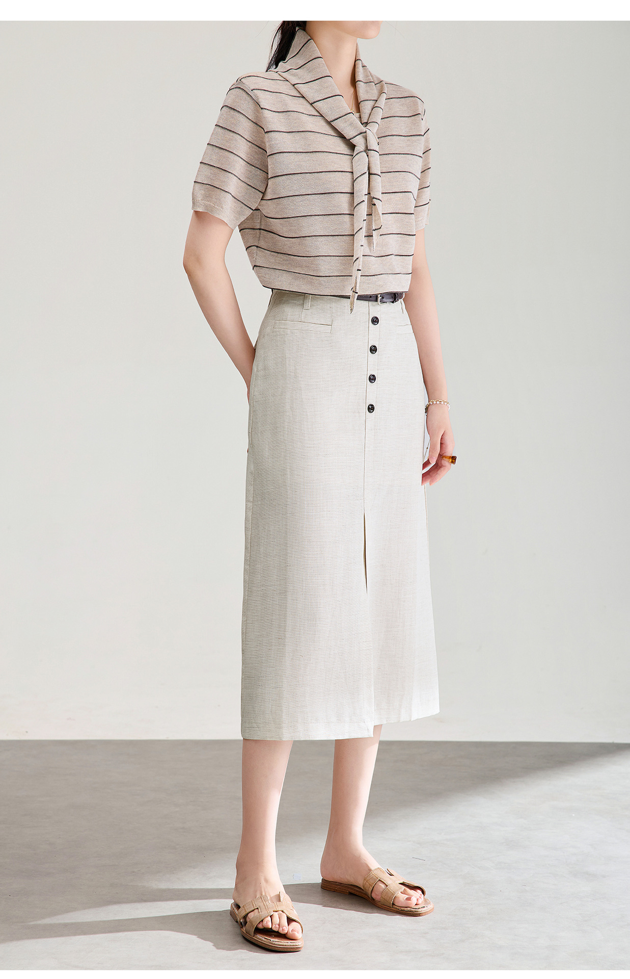 Chân váy xếp ly nữ xòe chất liệu tencel linen thoáng mát — Màu gai dầu thô chi tiết 20