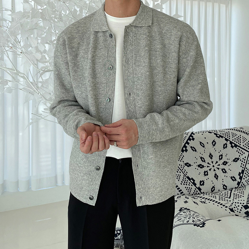 藏青色针织开衫男单排纽扣翻领卫衣外套美式cleanfit羊毛夹克衫潮|undefined