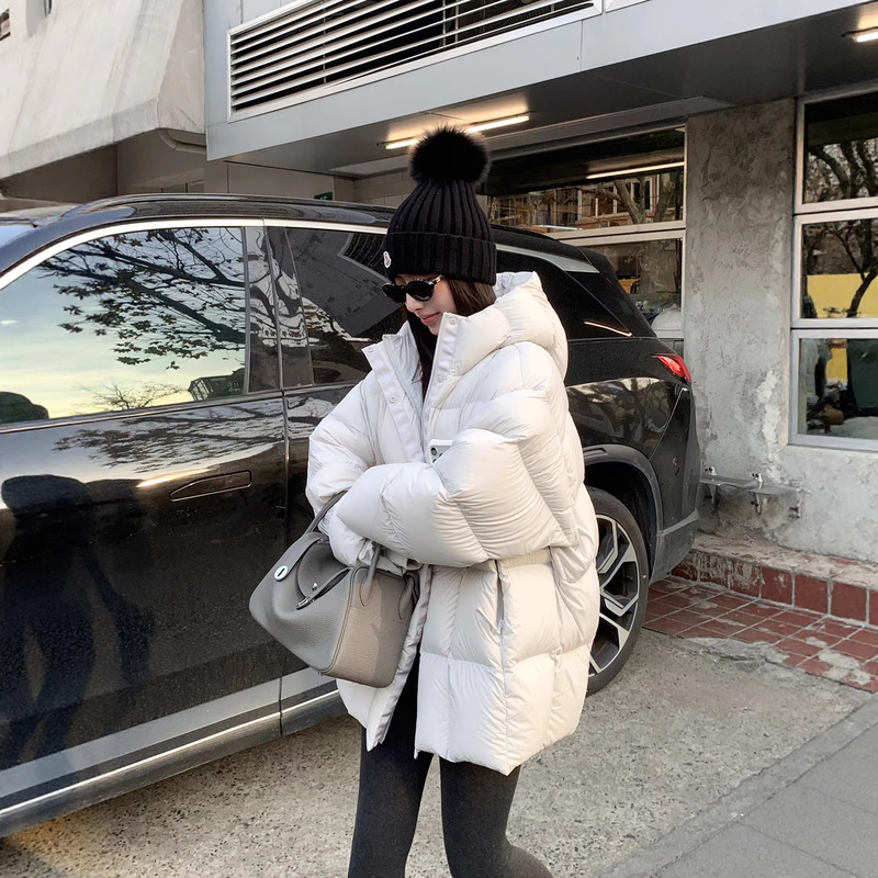 Baishiwang 90 White Goose down Puff down Jacket for Women, Winter Mid-Length Loose Fit, Slimming, Warm, Hooded down Coat