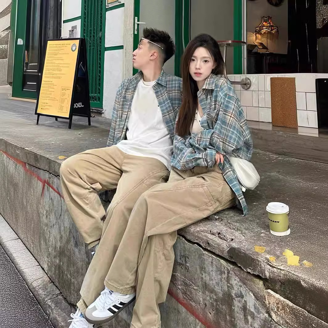 American retro tassel distressed blue plaid long-sleeved shirt for men, stylish design, suitable for spring and autumn, perfect for couples.