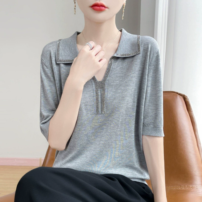 Высококачественная женская летняя тонкая и супер красивая свободная футболка с короткими рукавами и лацканами из лиоцелла Tencel, свободный топ с бриллиантами