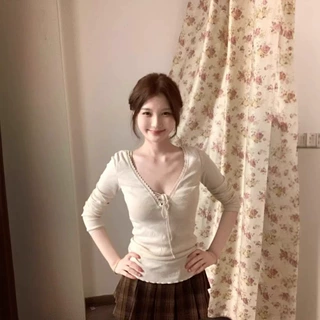 纯欲风辣妹蕾丝V领绑带长袖T恤秋冬季修身显瘦德绒内搭打底衫上衣