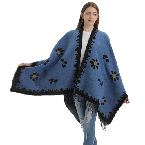 Korean fashion autumn and winter shawl new style small fresh flower knitted cardigan tassel slit warm outer cape