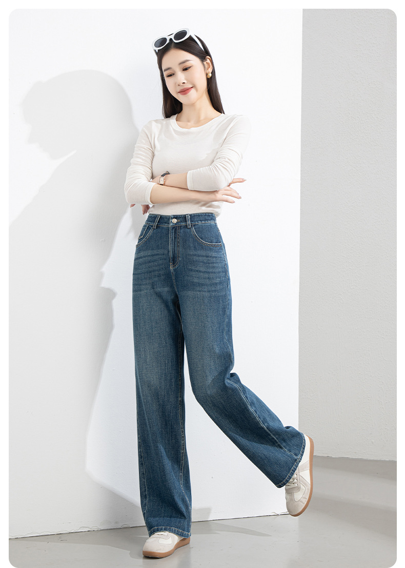 Quần jean nữ ống rộng cạp cao 4 chiều co giãn dáng suông dài 9 phần — Màu xanh - chiều dài quần lửng (94M) chi tiết 19