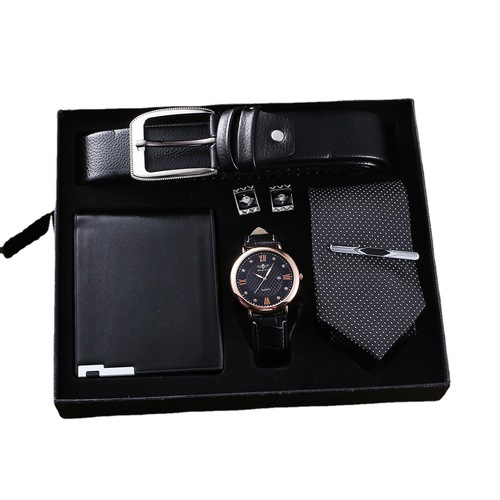Men's watch gift set business fashion double display fake three-eye quartz watch case belt wallet cuff tie