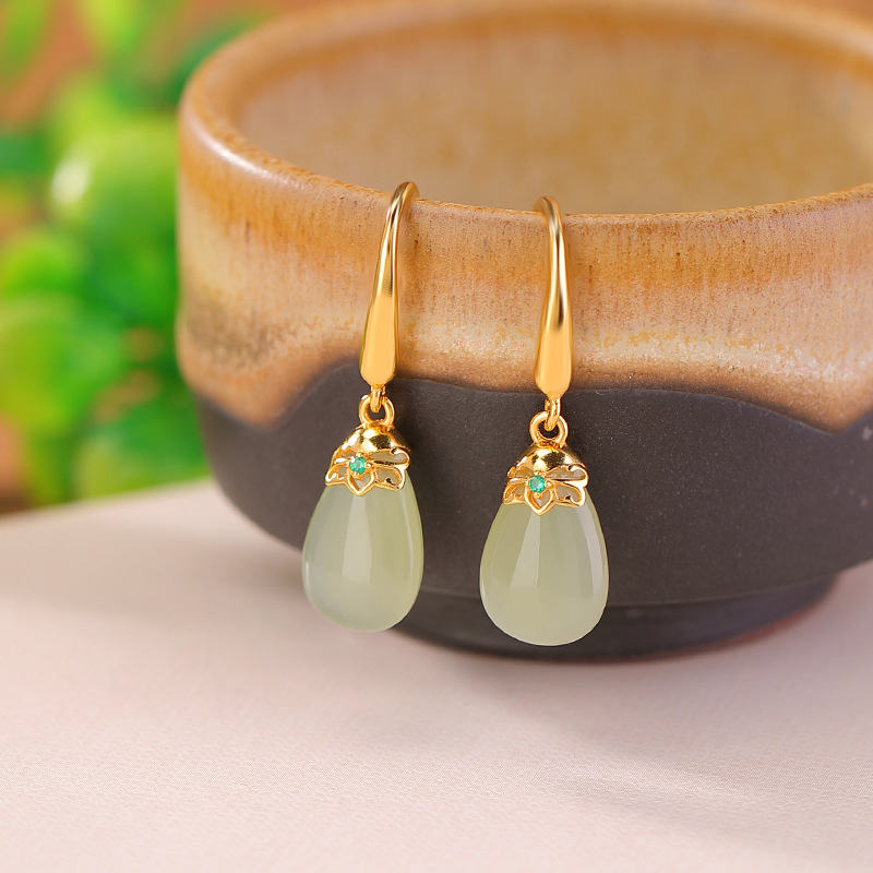 Khuyên tai nữ dài hình giọt nước bạc S925 mạ vàng đính ngọc bích — Một cặp