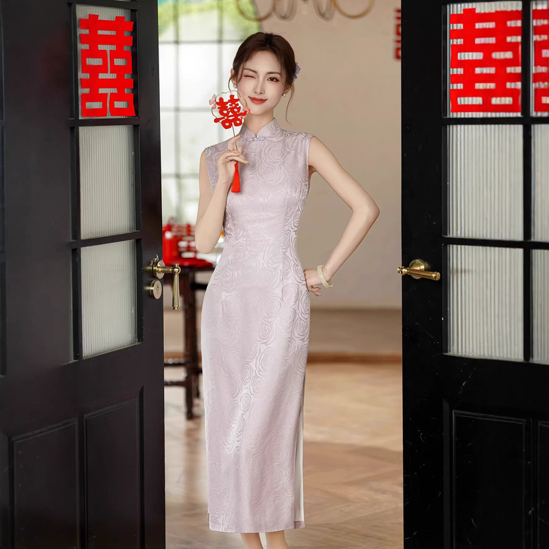 2026 Silk Bridal Wedding Banquet Dress Pink Modified Retro National Style Long Sleeveless Young Women's Qipao 2026 Silk Bridal Wedding Banquet Dress Pink Modified Retro National Style Long Sleeveless Young Women's Qipao