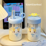 女生夏季双饮吸管杯高颜值便携塑料水杯网红可爱棉花猫带茶隔杯子