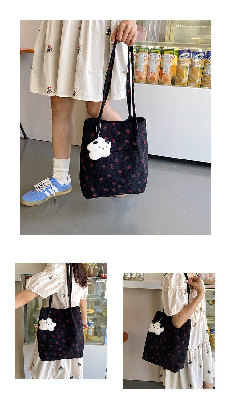 375g Weight Polyester Lining Material Magnetic Buckle Closure Type Double Shoulder Straps Strap Type Bucket Bag Bags Type Holiday, Daily Occasion Corduroy Material Strawberry Pattern Spring&Summer Season Women's Gender Cute Style Square Shape Medium Size Women's Medium Corduroy Strawberry Cute Square Magnetic Buckle Bucket Bag 17