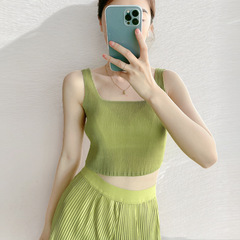 小吊帶背心女百搭外穿夏季新款無袖T恤女裝三宅高彈力褶皺小上衣