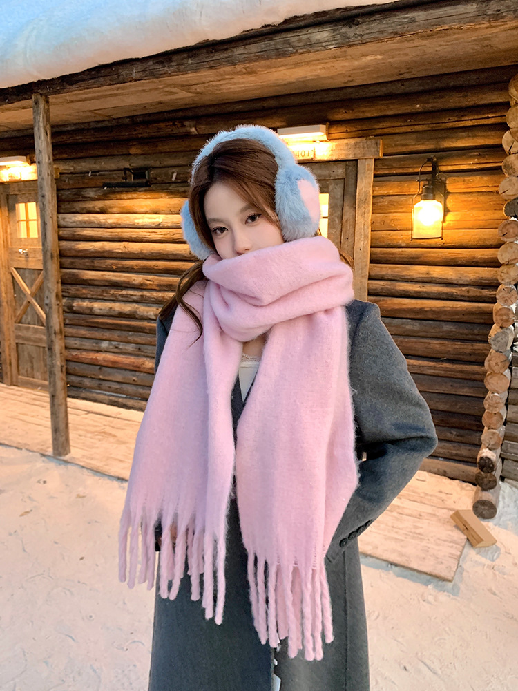 新作秋冬モヘアスカーフ レディース 韓国風 厚手 暖かい 多用途 チェック柄 ネックウォーマー ニット フリンジ付き 学生スカーフ