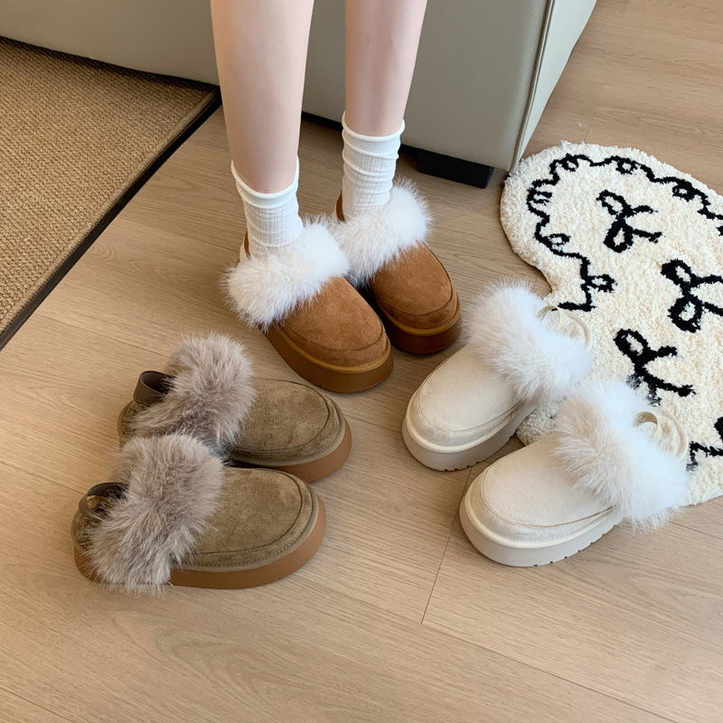 Women's thick-soled snow boots, 2026 autumn/winter new style, comfortable and warm, with integrated fur lining, thickened and fluffy, and a closed-toe design, resembling cotton slippers