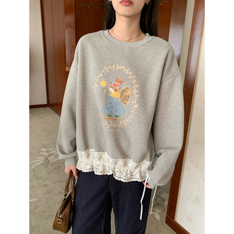 Cartoon Printed Lace Splicing Sweatshirt for Women 2025 New Hot Style Early Autumn Age-Reducing Wear Loose Design Top