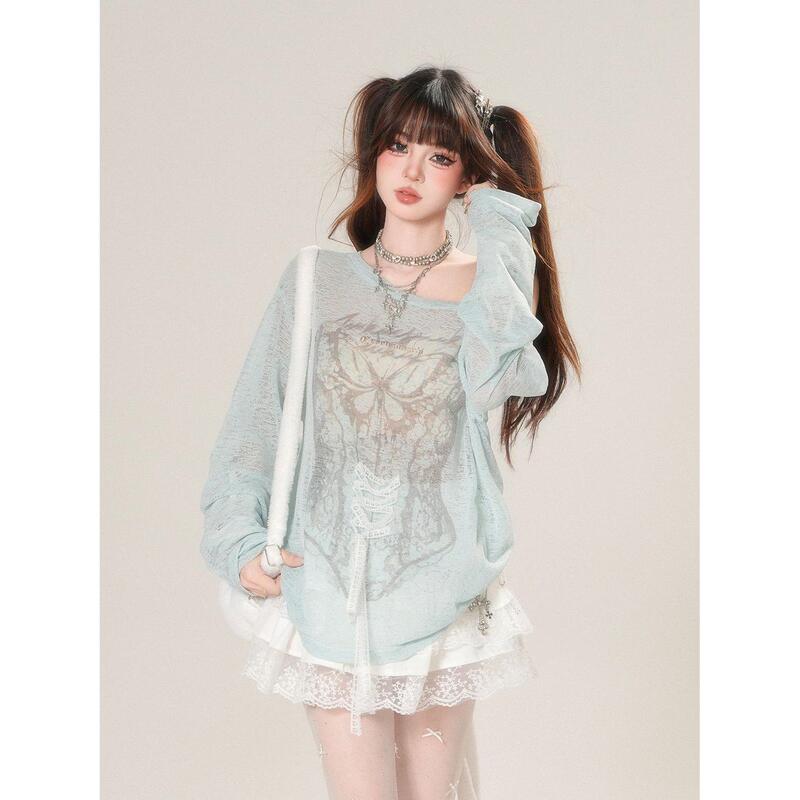 ミントグリーンの微透けレース日焼け止めブラウス女性の夏ルーズ痩身蝶プリント長袖 Tシャツ薄手のトップ|undefined
