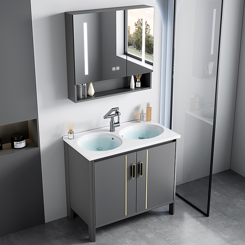 Armario de baño de aluminio espacial de doble lavabo de piso combinado lavabo de baño lavabo de cerámica de una pieza lavabo mesa de lavado piscina