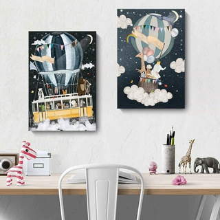 北欧客厅装饰画卡通热气球动物卧室壁画儿童房挂画简约帆布无框画