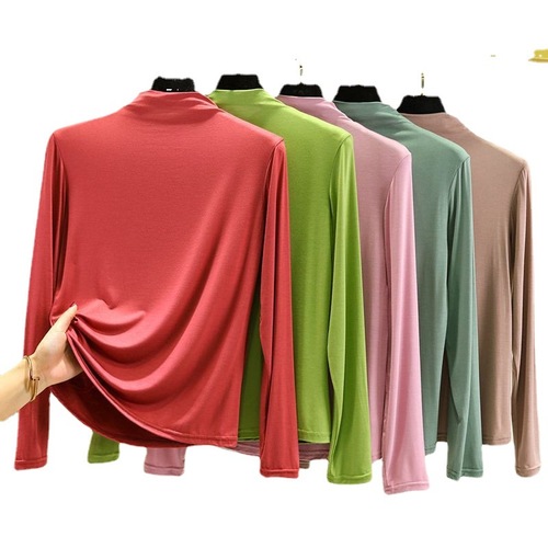 Spring and Summer Bit Cotton High Collar Long Sleeve T-Shirt Loose Women's Top Korean Version Thin Color Base Shirt Large