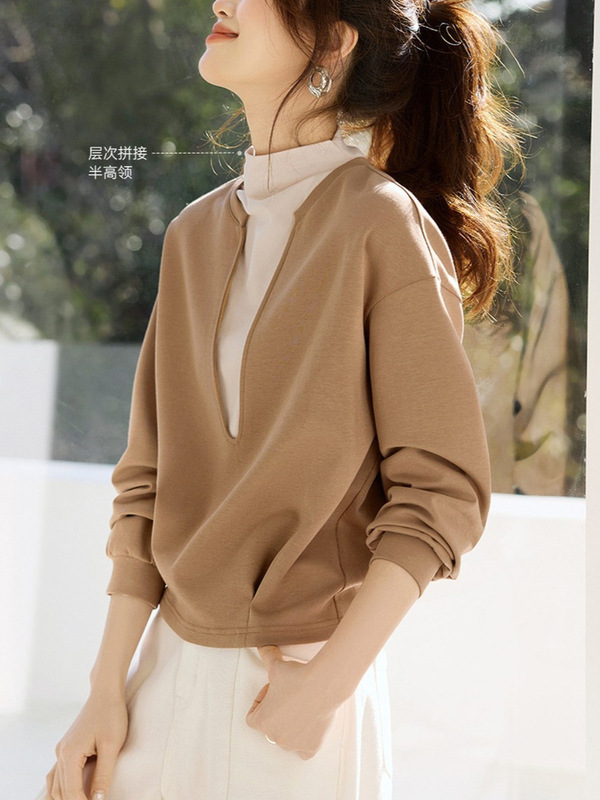 流行假两件设计长袖上衣2025秋季新款宽松休闲小个子女士卫衣无帽|undefined