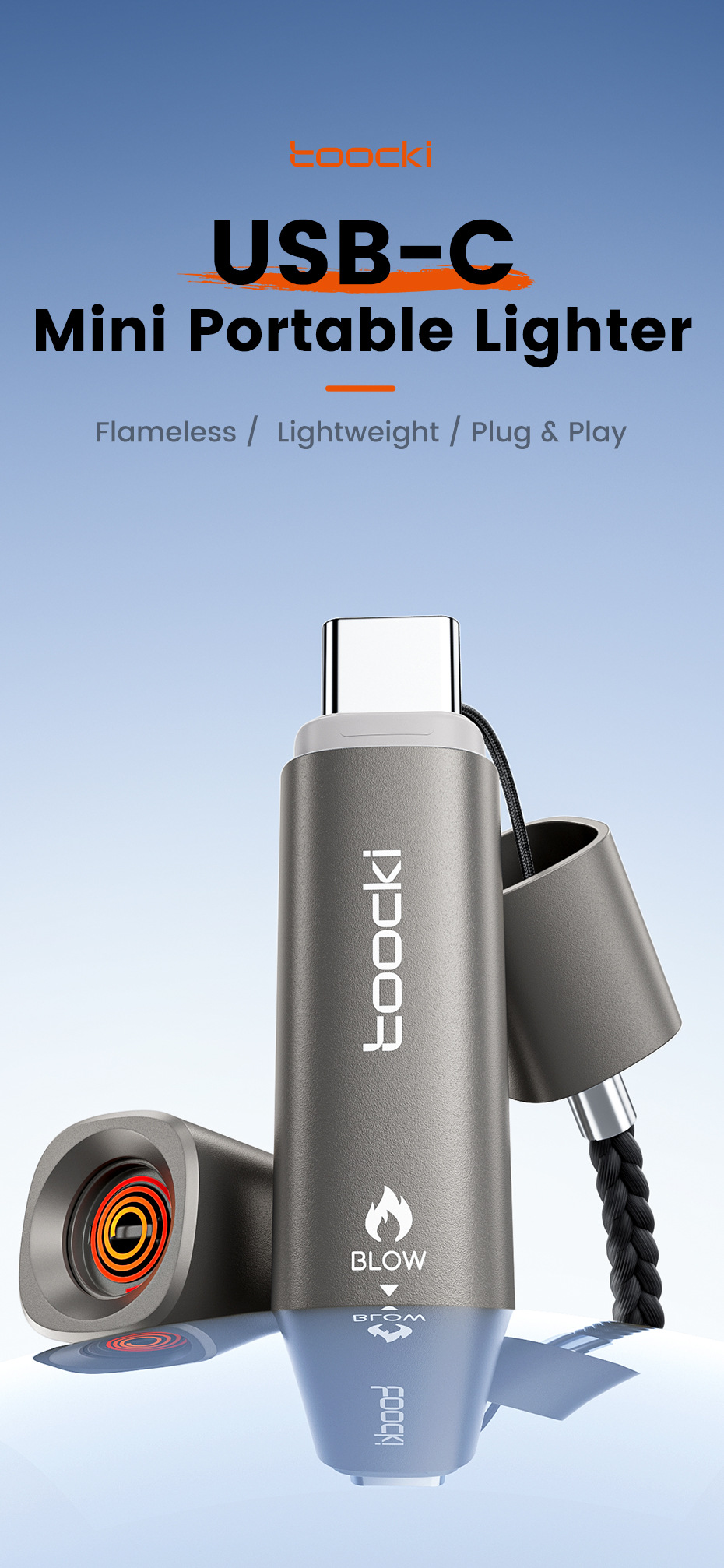 Toocki Portable Mini Igniter Outdoor Camping Emergency Lighter with External Type-C Plug-In for Car Use