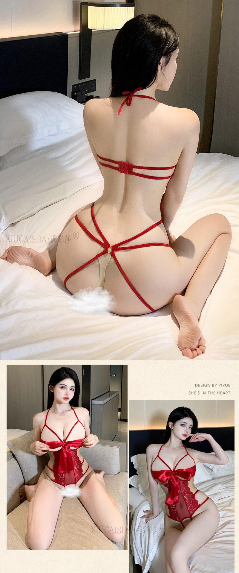 Xiuaisha Three-Point Lace One-Piece Lingerie, Wine Red Roleplay Babydoll — detail image 17