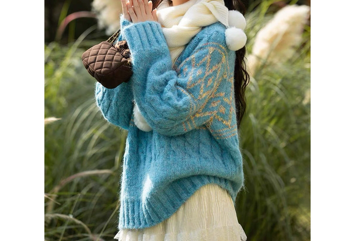 2024 новый стиль Fair Island мягкое восковое молоко синий твит бонди синий мечтательный ромб ретро свитер