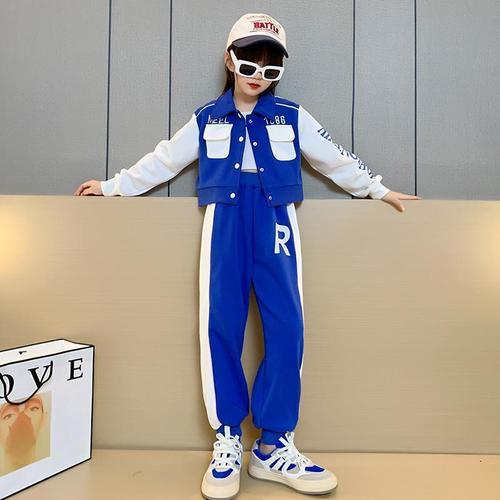 Girls' Spring and Autumn Set Fashion Long Sleeve Sports Jacket for Tweens Korean Version Two-Piece Workwear Set