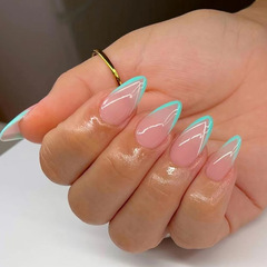 Waterdrop-shaped Stiletto Nail Tips for Export: Premium Cross-Border Nail Plates in Elegant Lake Green with Minimalist French Edges, Perfect for a Subtle Yet Alluring Look