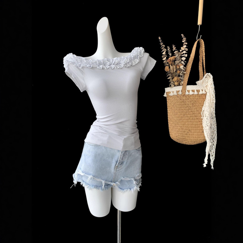 Three-Layer Lace High-Density Ribbed Cotton Waist-Slimming Off-Shoulder Top Versatile Hot Girl Gray T-Shirt