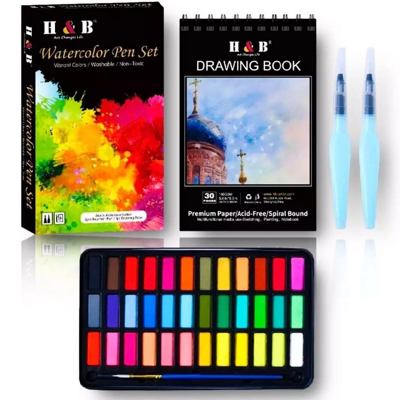 H & B40 piezas sólido traje de acuarela 36 colores pintura gouache suministros arte al por mayor agua del grifo pluma personalización