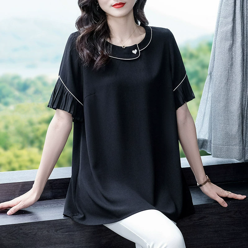 Летняя шифоновая рубашка больших размеров 240 кг с французским контрастным коротким рукавом и круглым вырезом, топ, Толстая Женская одежда среднего возраста