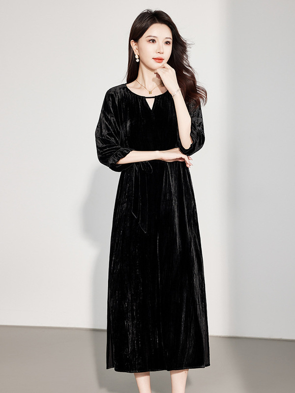 高端真丝丝绒连衣裙女2025新款秋冬贵妇五分袖收腰系带桑蚕丝裙子|undefined