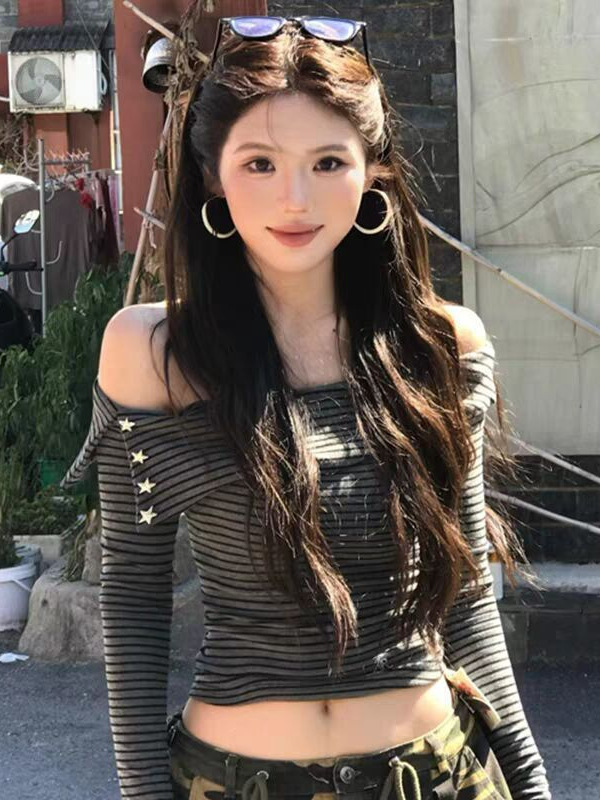 美式复古辣妹一字肩条纹长袖t恤女早秋新款修身显瘦露肩短款上衣|undefined