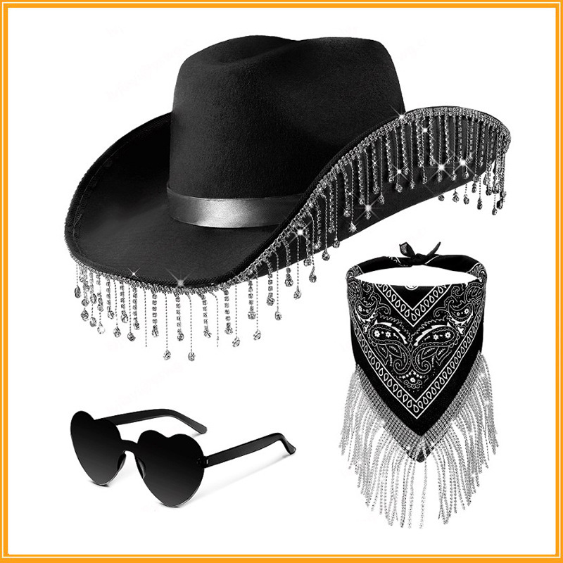E-commerce cross-border hot rhinestone tassel cowboy hat three-piece black denim sunglasses tassel scarf decoration