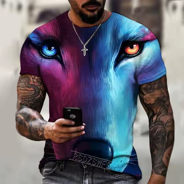 2024 moda casual suelto cuello redondo manga corta transpirable camiseta de hombre personalidad lobo malvado spot de impresión digital 3D
