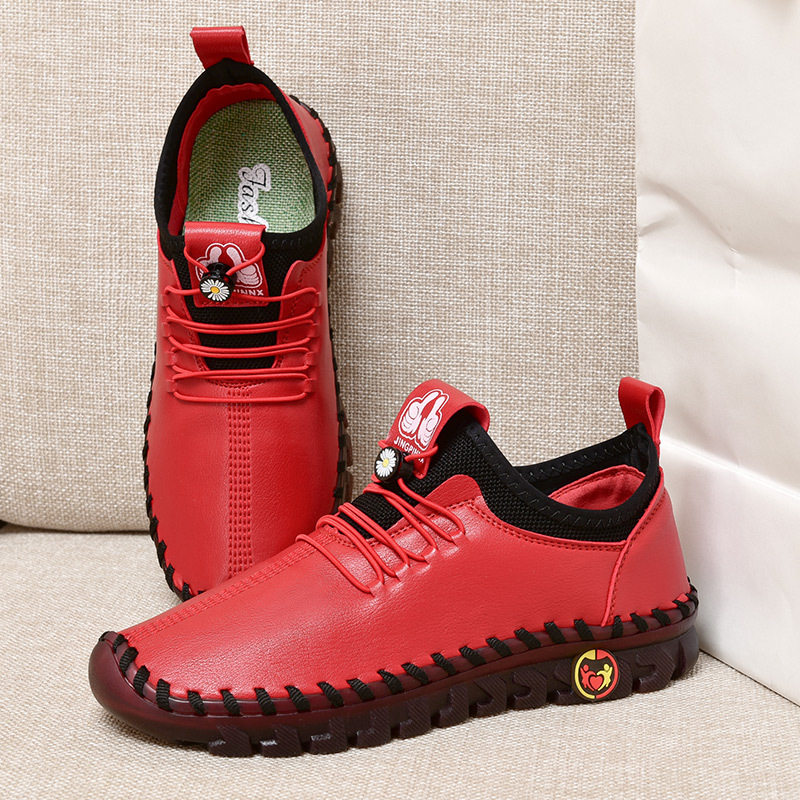 Giày nữ đế mềm khâu tay da thoáng khí, đế cao su giảm sốc, gót vừa 3-5 cm — 6065 Màu Đỏ, 6065 kaki, 6065 màu đen, Màu trắng 6065
