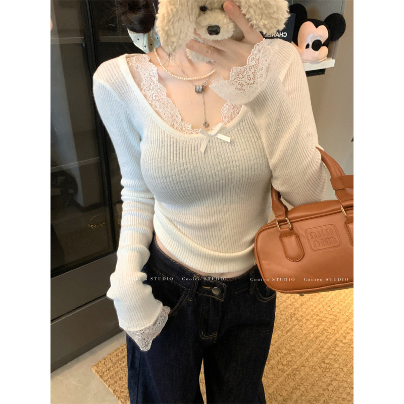 plus size Women's Vintage Sexy Lace Stitching Knitwear Women's Autumn and Winter Pure Spice Girl Slim-fit Slim-fit Short Top