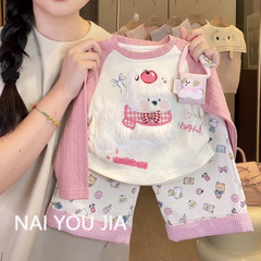 奶油卡通T恤套装2025新款秋季女孩插肩袖上衣卡通印花裤子两件套