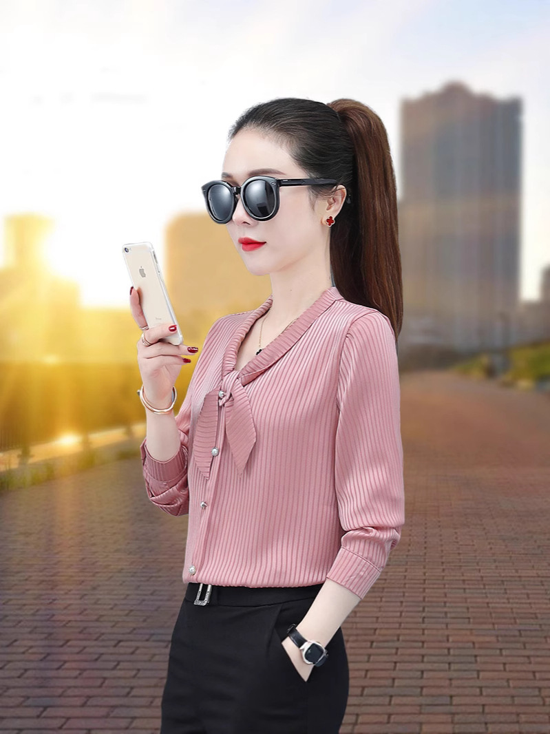 New Style Shirt for Women, Spring and Summer, Slim Fit, Casual, Long-Sleeved, Stylish, Middle-Aged Mom, Elegant V-Neck with Bow