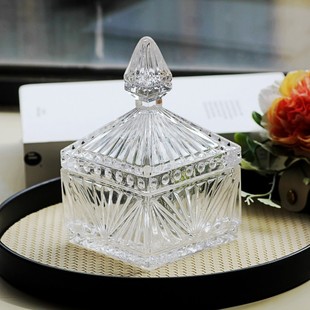 Creative high white lead-free square embossed pattern glass candy jar with lid storage box decoration in stock