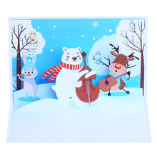 创意圣诞节贺卡跨境彩印90度3d立体圣诞小动物音乐会节日场景卡片